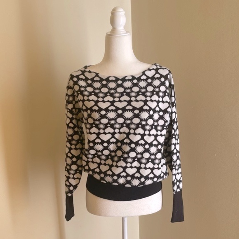Maeve Anthropologie Boat Neck Black and White Heart Sweater.